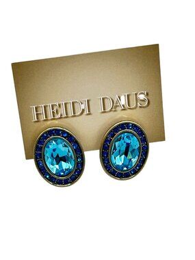 Vintage Heidi Daus Gold-Tone Clip-On Earrings Large Oval Blue Crystals